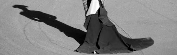 Matador with cape, his shadow trailing away.