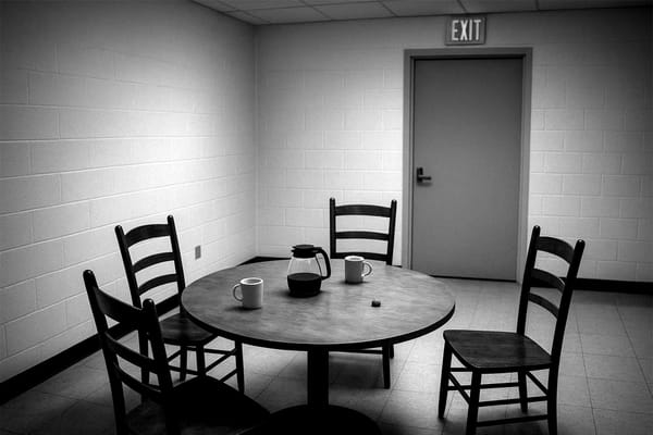 Story-Trading Circle with empty coffee cups and carafe of coffee and 4 empty chairs.